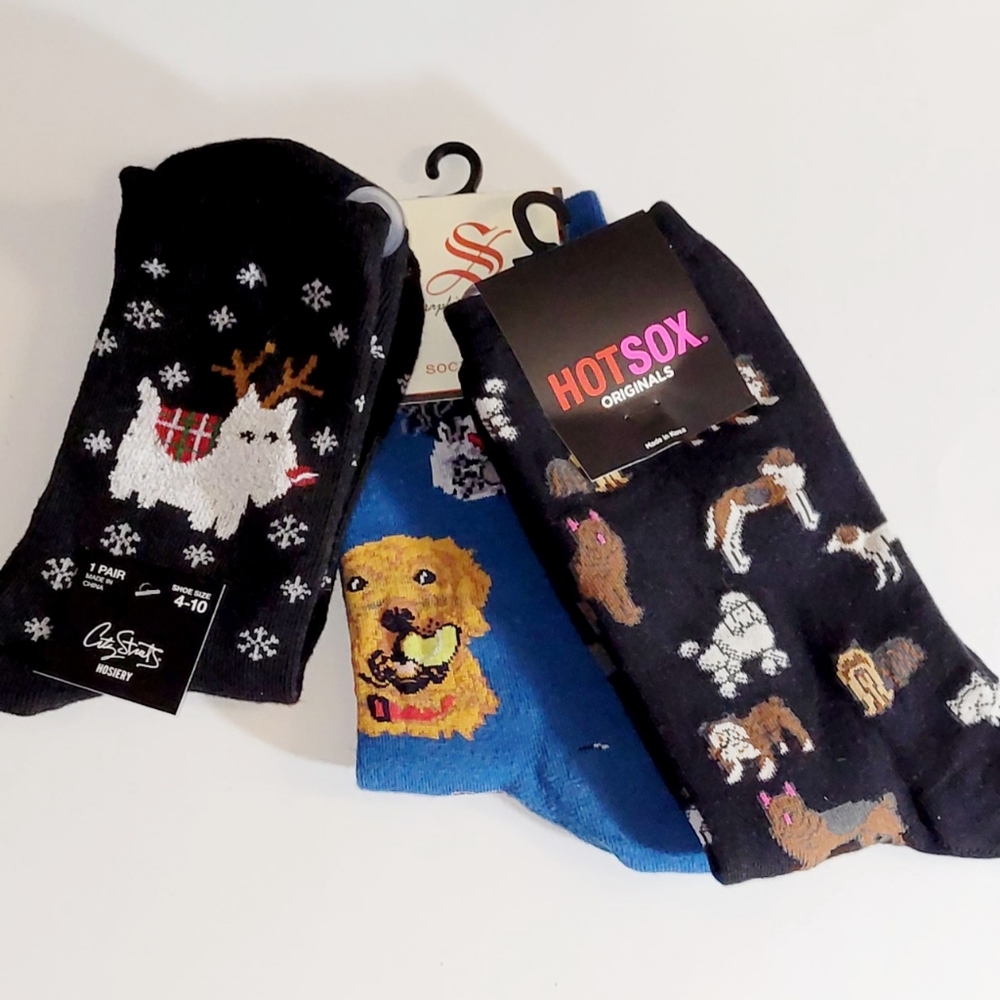 3 Pairs Women's Dog Socks, 🐾 Hot Sox, SockSmith & City Streets Brands, New